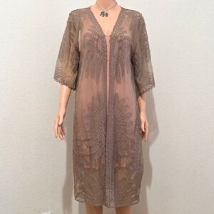 Elegant Sheer Lace Kimono in Taupe